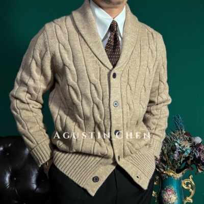 老钱松弛感青果领麻花开衫外套