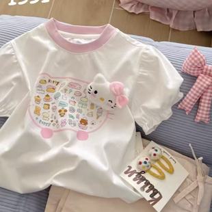 新款 2025韩系女童夏季 立体kt纯棉印花洋气圆领T恤女宝宝甜美上衣