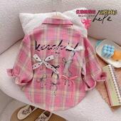 韩版 女童仙女衫 简约时尚 甜美蝴蝶结长袖 格子女童2025春秋新款 衬衫