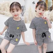 儿童女童韩版 女宝宝两件套洋气童装 夏季 纯棉儿童条纹套装 套装 新款