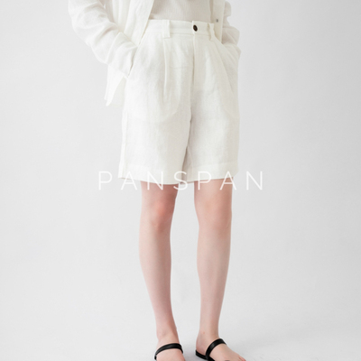 PAN夏季高定版新款重磅酵洗亚麻长袖包扣衬衣亚麻短裤套装精致