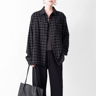 新款 春夏季 休闲衬衣 衬衫 PAN纯棉水洗色织黑灰格子复古老钱风长袖