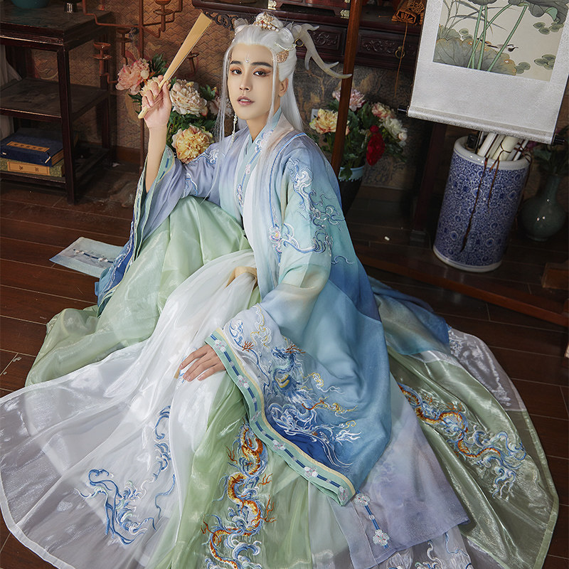 MO QIANYAN [LONG YIN] 남성과 여성을위한  오리지널 HANFU 중공업 자수 크로스 칼라 스커트 찢어진 스커트 JIN MADE 큰 소매 셔츠