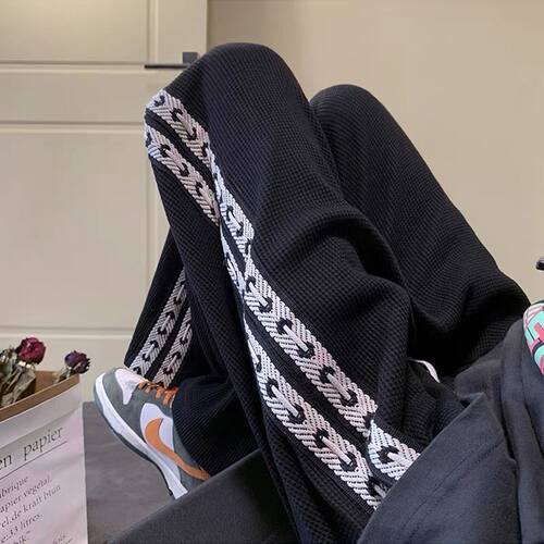 宽松直筒华夫格裤子男士