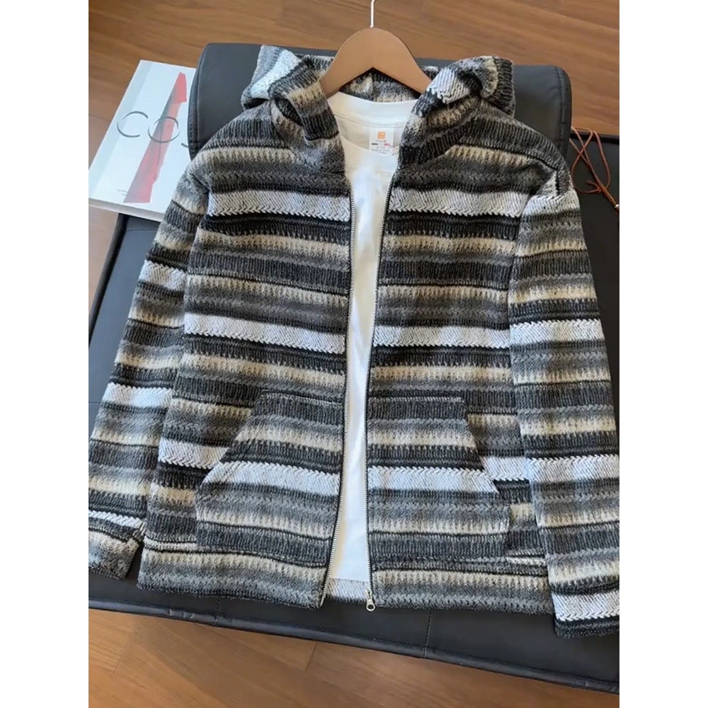 美式条纹连帽卫衣男款潮流秋季慵懒风高级感开衫外套休闲情侣上衣