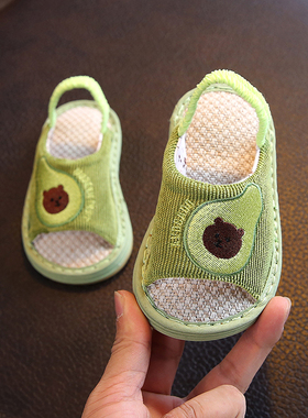 1岁宝宝4卡通亚麻拖鞋四季款幼儿园男女小童软底防滑室内手工棉布