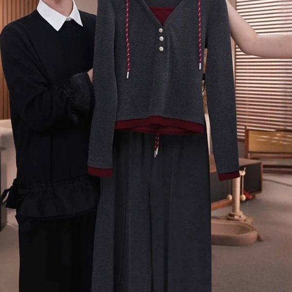 2025新款早秋流行穿搭一整套小众设计假两件连帽上衣阔腿裤两件套