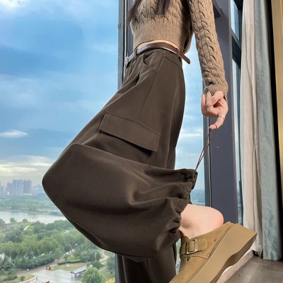 实拍2025秋冬新款毛呢高腰两穿运动裤拖地裤工装裤加绒弯刀裤女