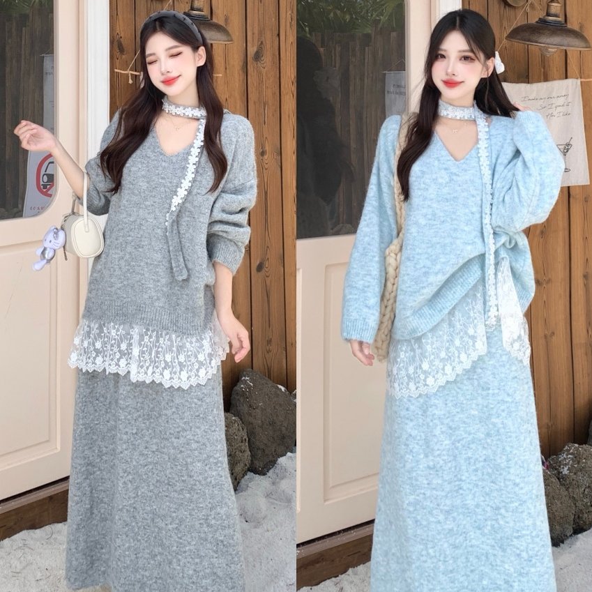 实拍大码秋冬法式温柔慵懒风V领蕾丝拼接针织衫上衣+半身裙套装