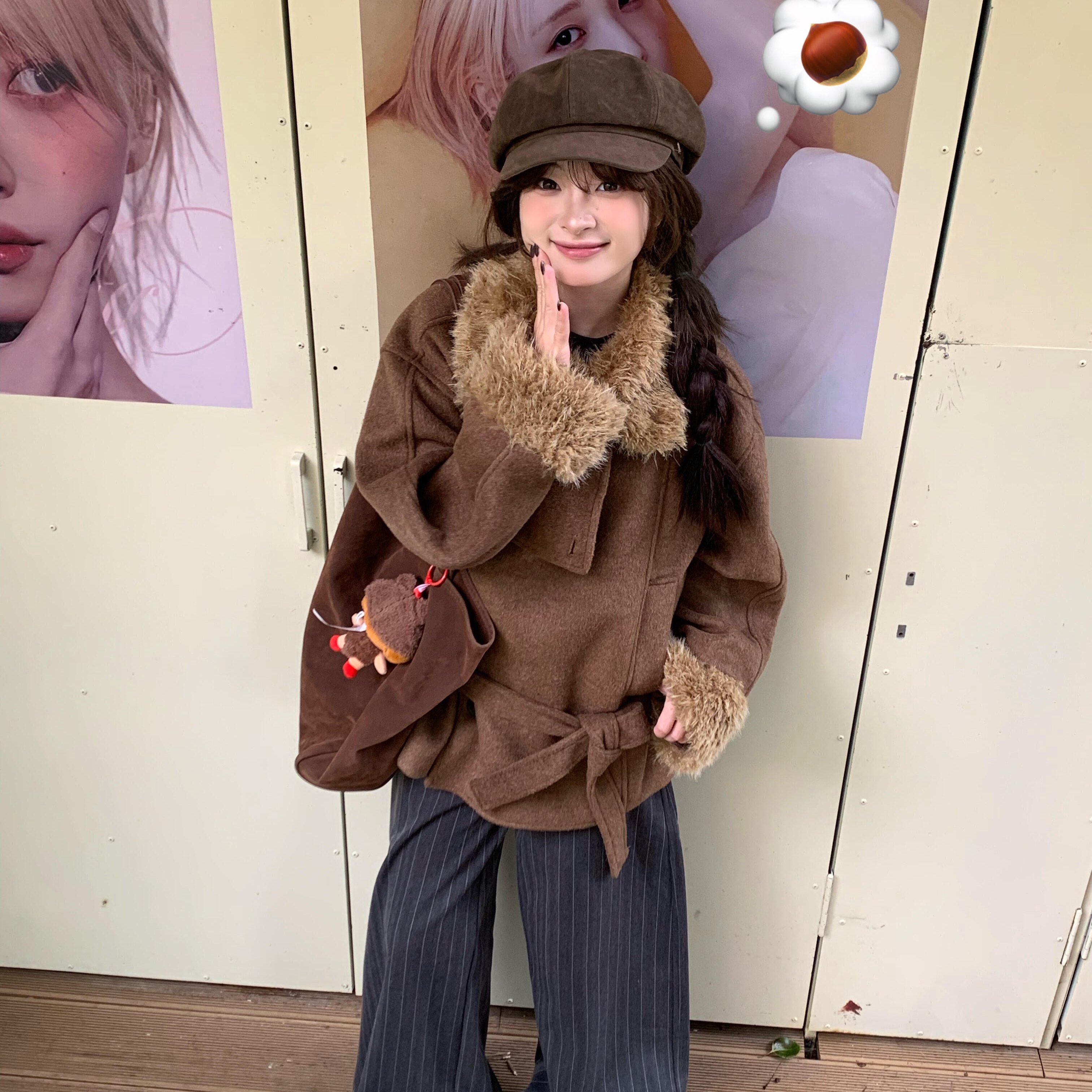 WESTAYONE毛领加厚毛呢大衣外套女士小个子高级