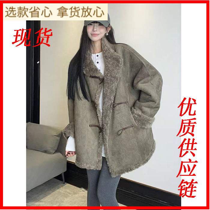 冬日诺丁山 双面穿仿羊羔毛麂皮牛角扣外套女皮毛一体上衣