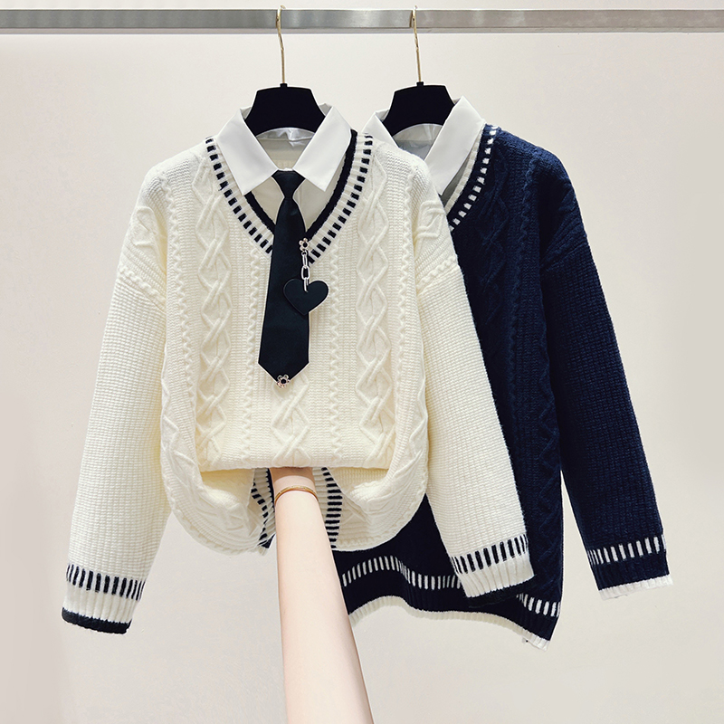 实拍学院风毛衣少女2025秋冬新款polo领宽松减龄假两件针织衫上衣