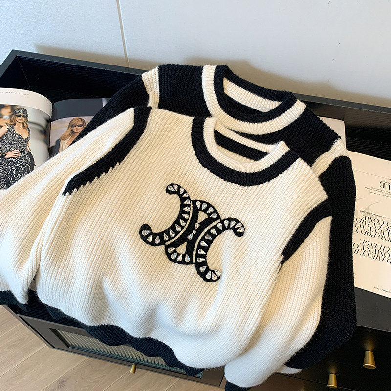 凯旋门重工钉珠拼色圆领针织衫毛衣女套头宽松长袖百搭上衣2025冬,女装/女士精品,毛针织衫,淘宝优惠券,粉丝福利购,淘宝优惠卷