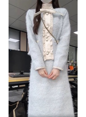 QDQD蓝色富家千金羊毛小香风短款外套秋季新款高级感气质穿搭套装