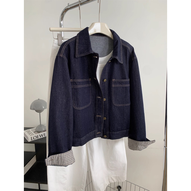 重磅复古水洗蓝格子袖牛仔外套女宽松韩版小个子翻领短款上衣秋季,女装/女士精品,短外套,淘宝优惠券,粉丝福利购,淘宝优惠卷