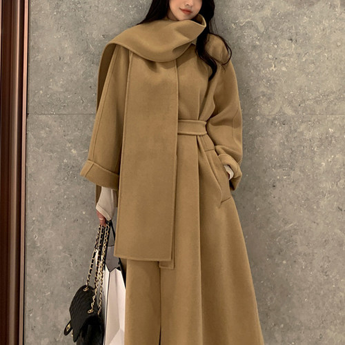 尺寸已更新 韩国chic 法式气质围巾长款大衣呢子外套女