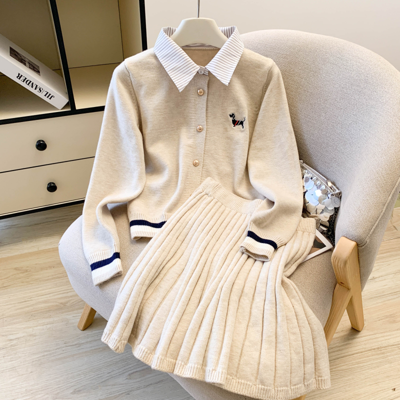 韩系学院风假两件上衣女2025秋冬针织开衫拼接条纹衬衫百褶裙套装