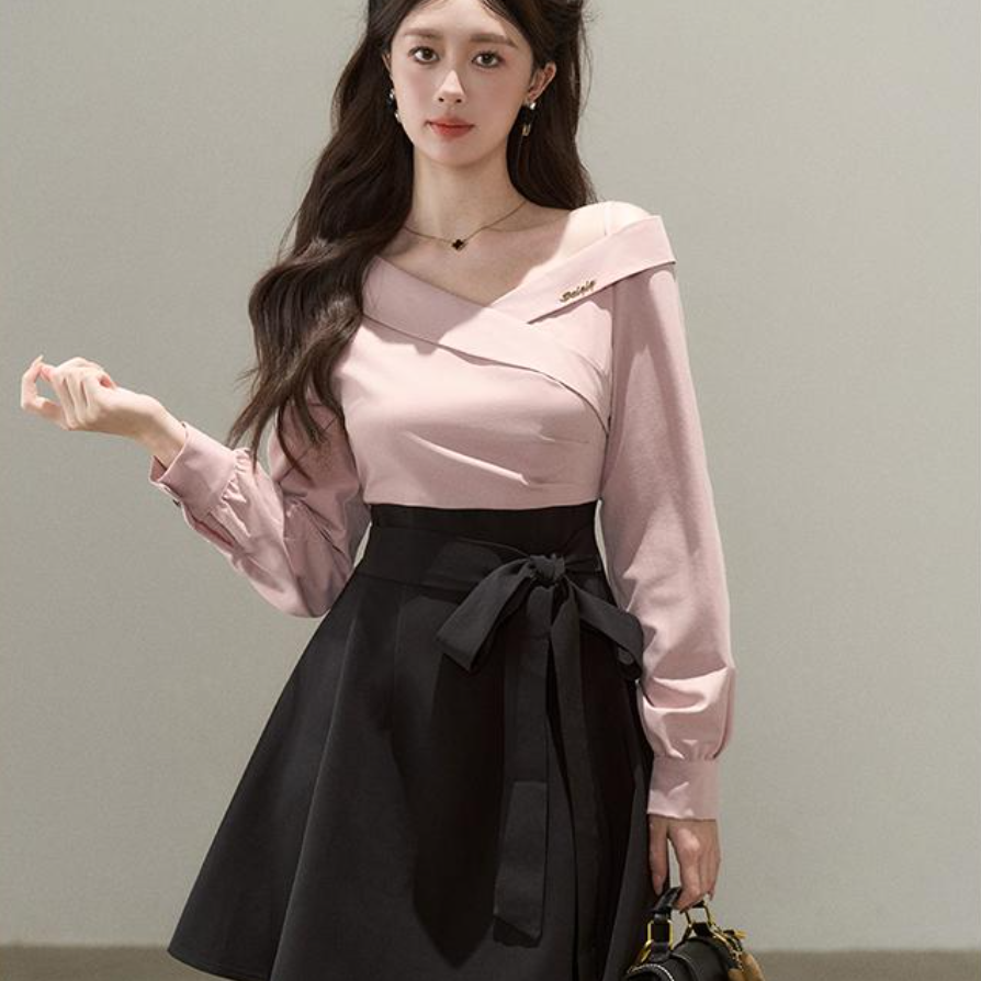 官网图大码女装小众假两件斜肩长袖连衣裙显瘦通勤a字裙子