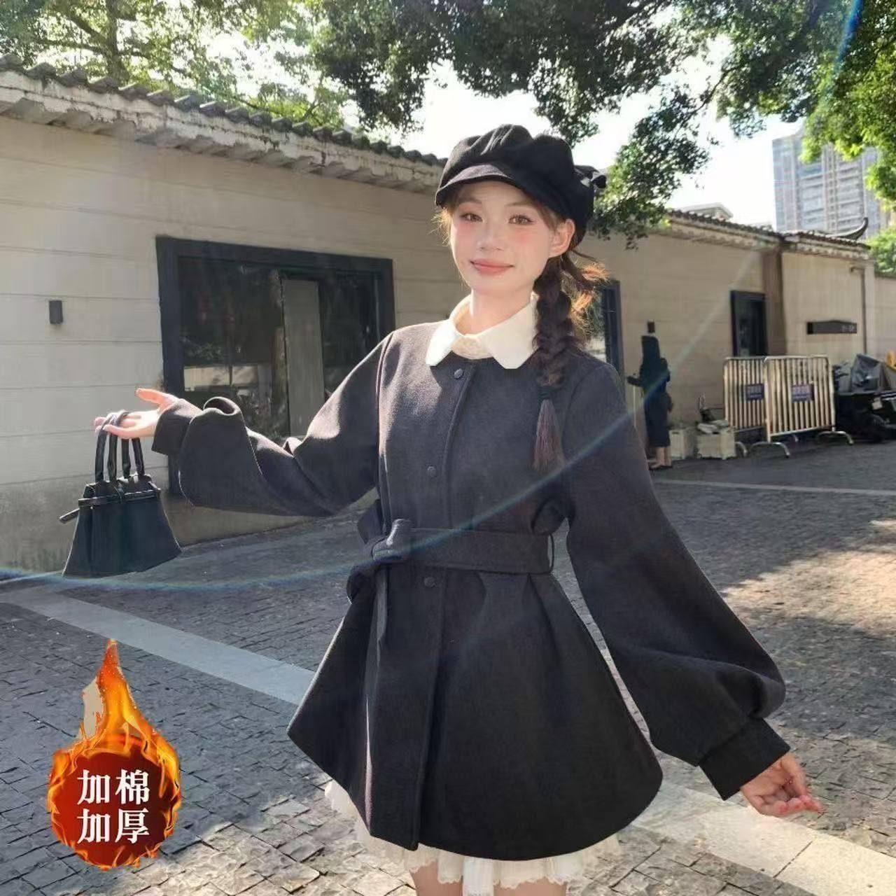 秋冬季新款韩版气质保暖绑带灯笼袖外套简约通勤呢子大衣毛呢外套,女装/女士精品,风衣,淘宝优惠券,粉丝福利购,淘宝优惠卷