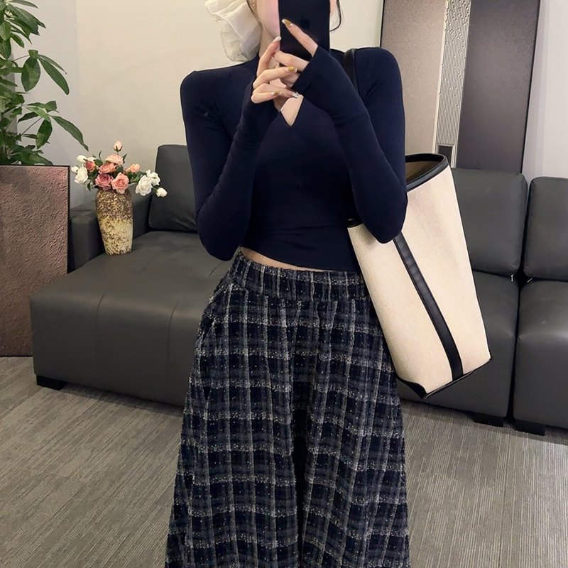 官图 春秋炸街时尚V领长袖上衣高腰格子半身裙韩系chic别致两件套