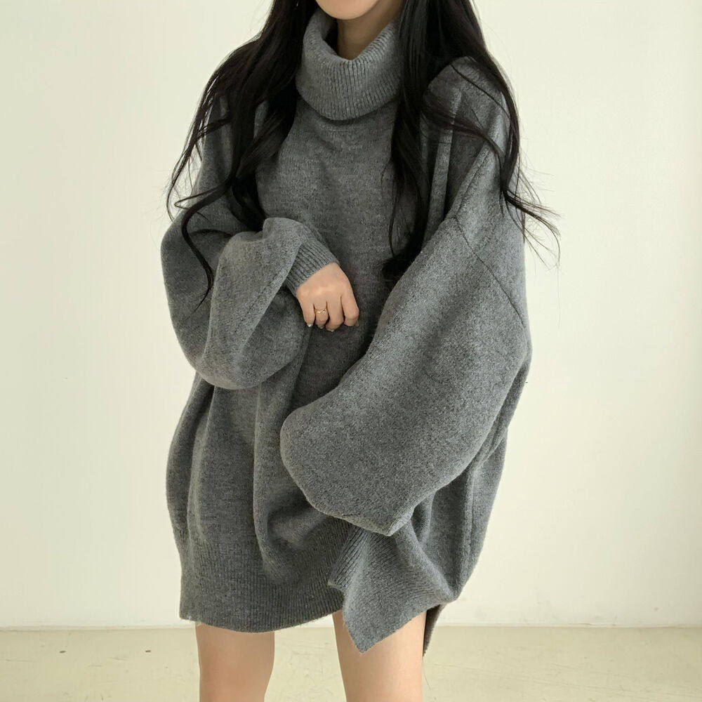 高领毛衣下摆开叉韩版纯色宽松中长款慵懒风泡泡袖长袖针织衫女士,女装/女士精品,毛针织衫,淘宝优惠券,粉丝福利购,淘宝优惠卷