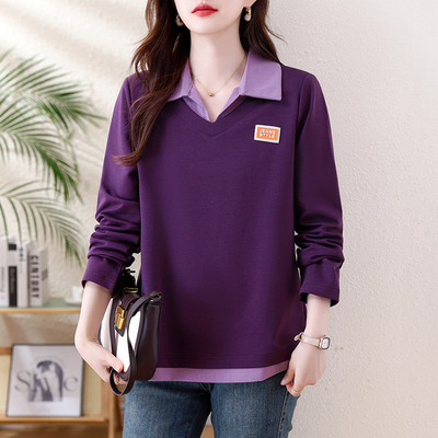 2025年新款大码女装时尚洋气polo衫上衣外穿春秋假两件长袖t恤女