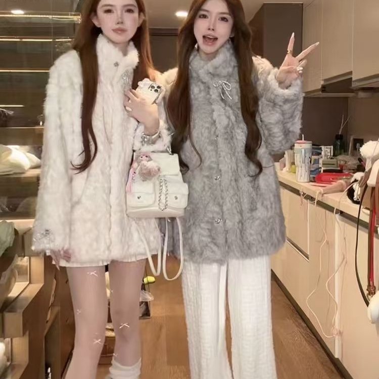 高级千金风新款立领夹棉皮草羊羔加厚外套秋冬款保暖毛毛气质大衣
