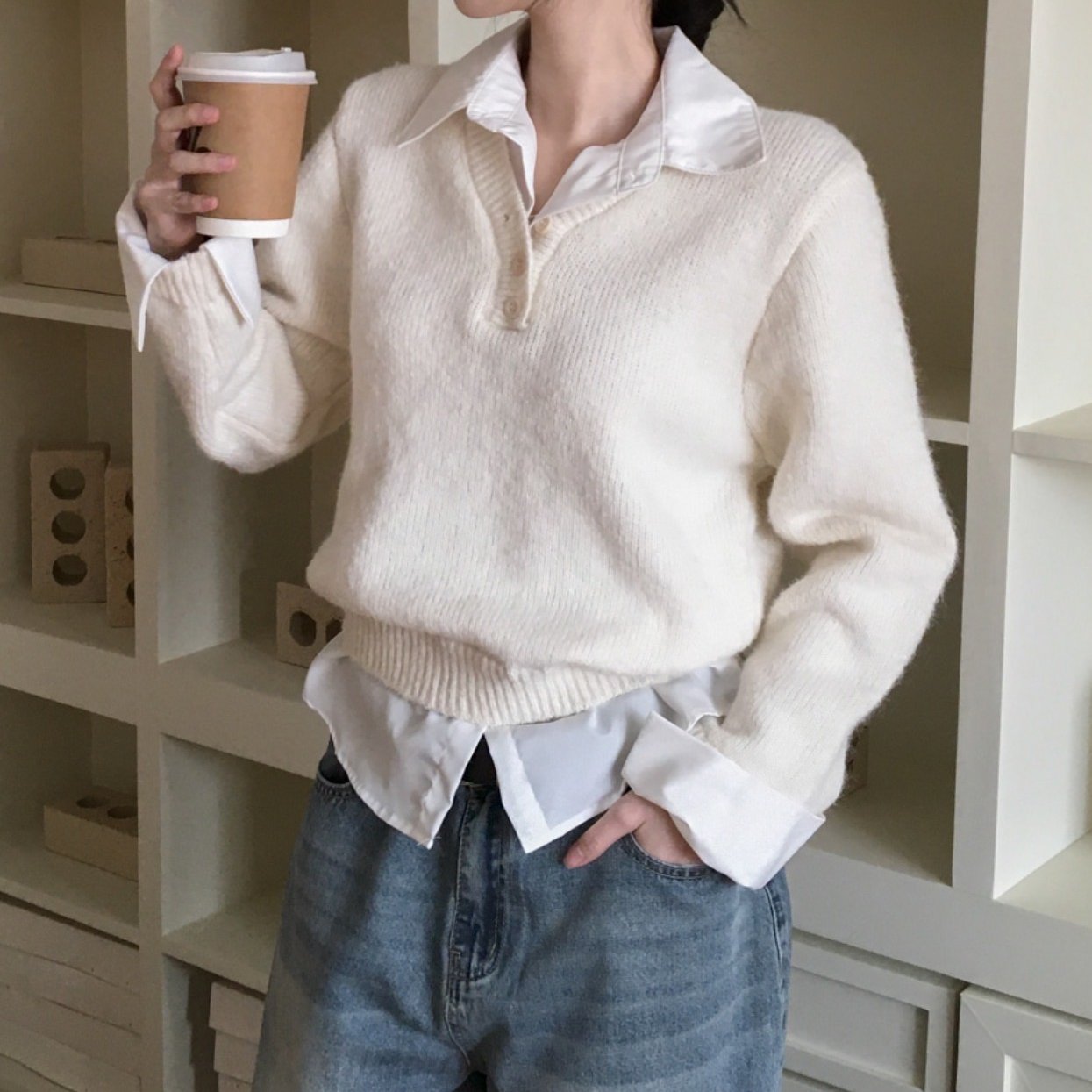 已出货尺码更新韩国chic秋冬新款简约衬衫翻领假两件长袖针织衫
