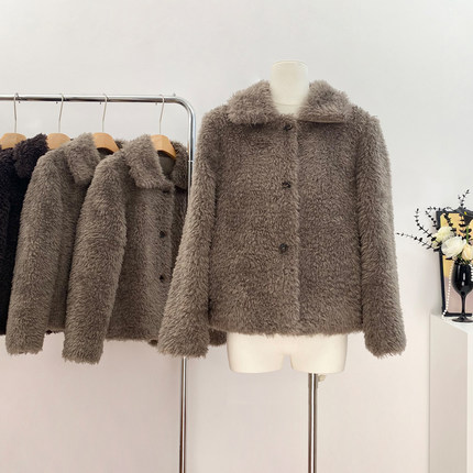 5werkwen 小奶卷|定染乌木咖 短款环保小翻领皮毛一体皮草外套