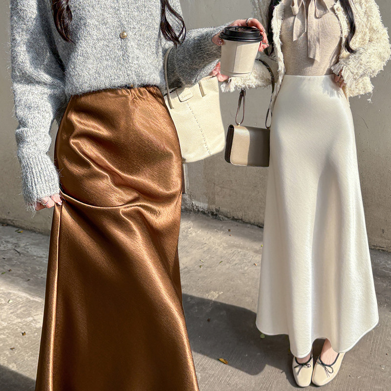 实拍加绒醋酸缎面半身裙女秋冬新款垂感A字鱼尾裙子中长款,女装/女士精品,半身裙,淘宝优惠券,粉丝福利购,淘宝优惠卷