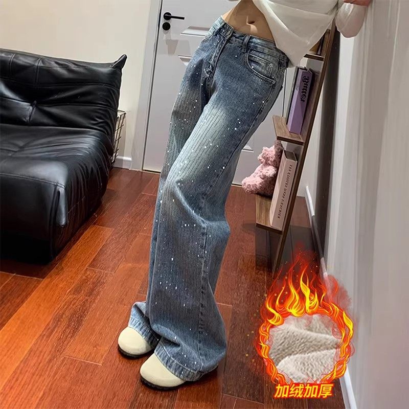 满天星镶钻阔腿加绒牛仔裤女2025冬季新款设计感宽松显瘦拖地裤子,女装/女士精品,牛仔裤,淘宝优惠券,粉丝福利购,淘宝优惠卷