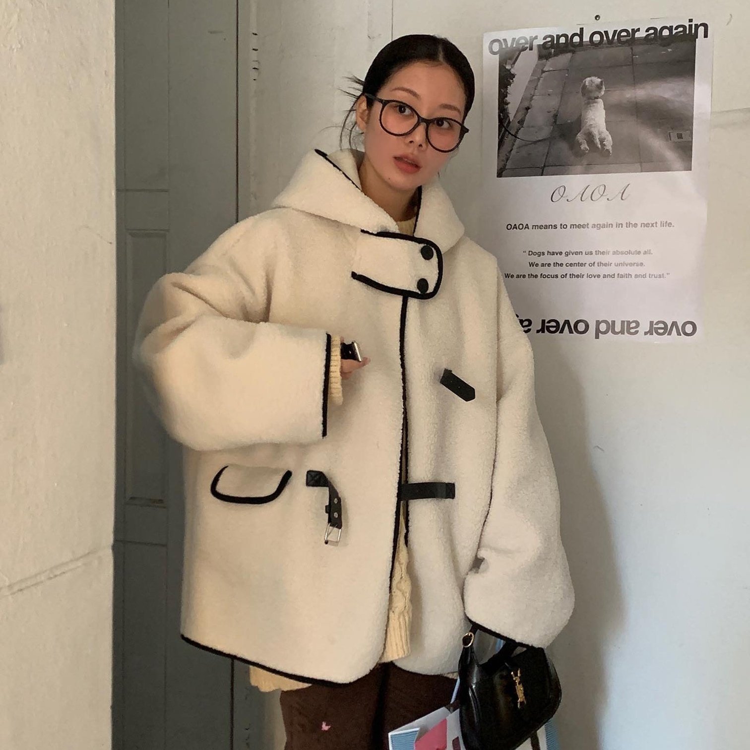 韩国INS博主小众别致系扣设计宽松连帽毛毛慵懒风休闲外套,女装/女士精品,毛呢外套,淘宝优惠券,粉丝福利购,淘宝优惠卷