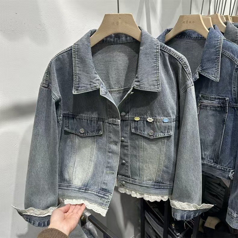 2025春季新款韩版设计感下摆蕾丝拼接短款牛仔外套女长袖休闲夹克