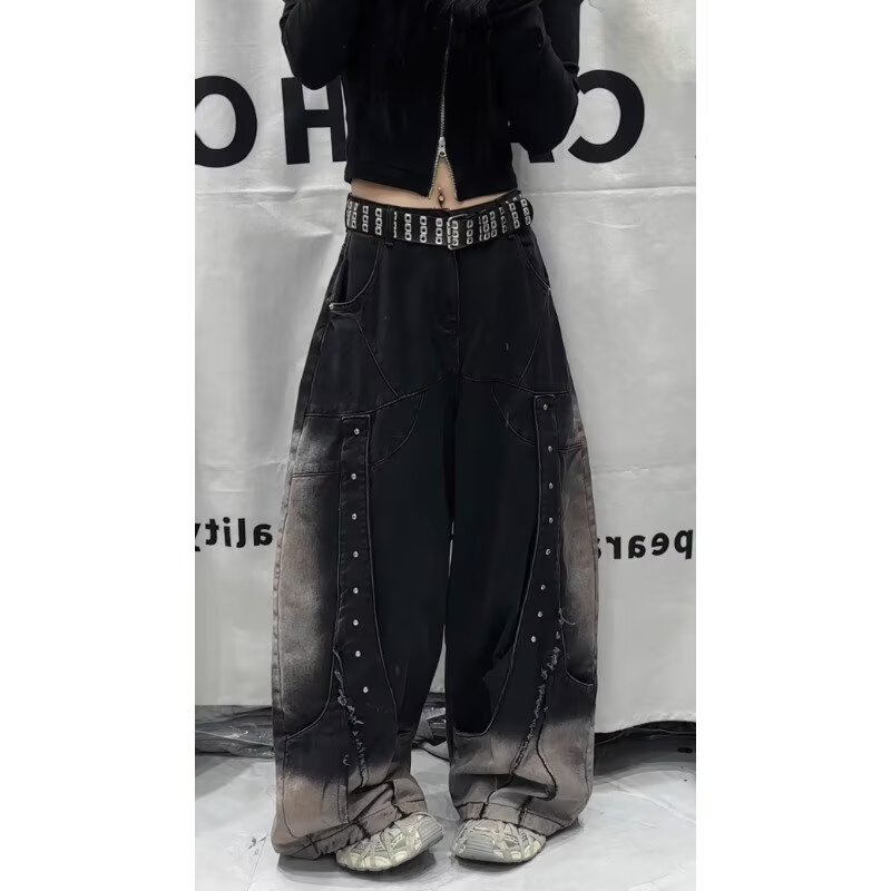 美式高街黑色破洞工装牛仔裤女夏季大码胖mm多口袋工装阔腿拖地裤