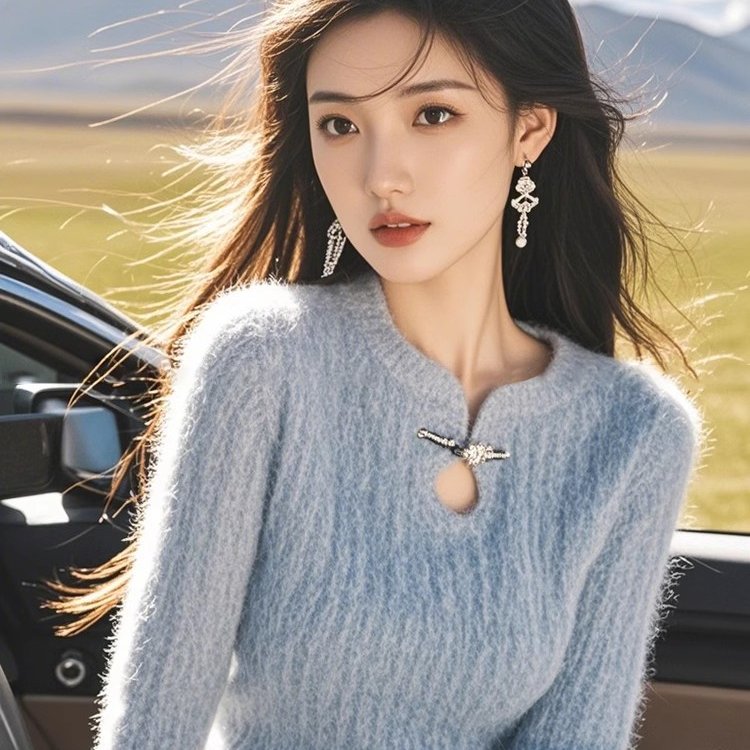 秋冬新中式国风盘扣毛衣针织打底衫女内搭设计感修身长袖绝美上衣