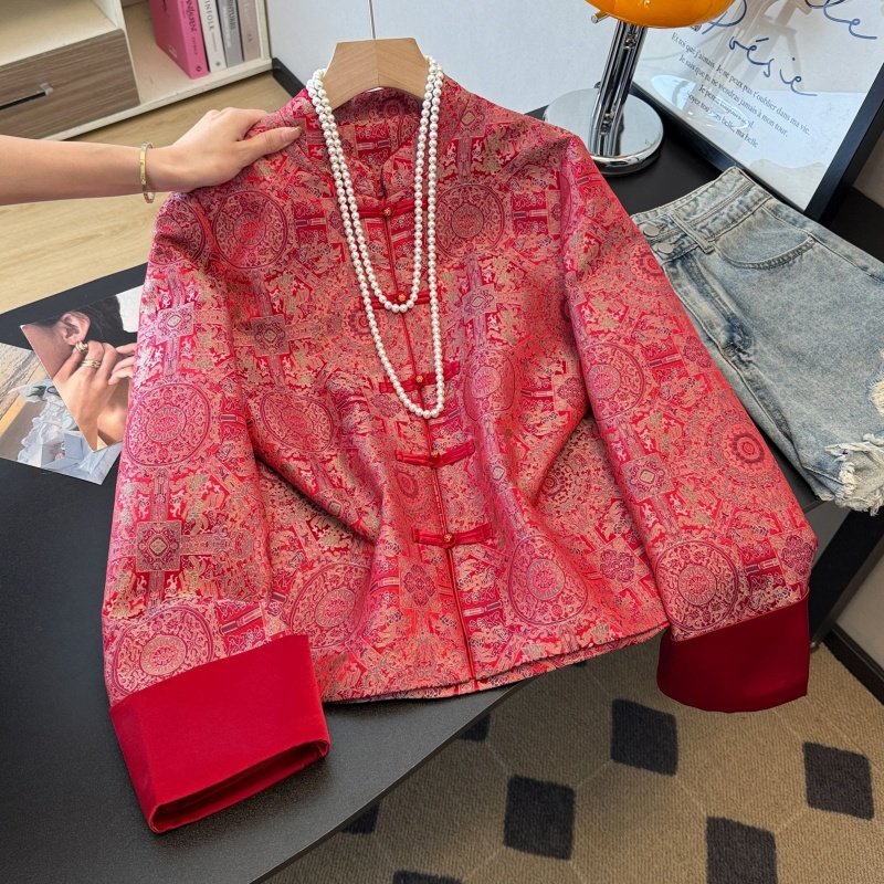 实拍新中式气质东方古典缎面提花盘扣汉服立领女卷边长袖改良外套,女装/女士精品,民族服装/舞台装,淘宝优惠券,粉丝福利购,淘宝优惠卷