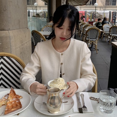 有货 韩国chic复古温柔风高级感简约气质粗花呢小香风短款外套女