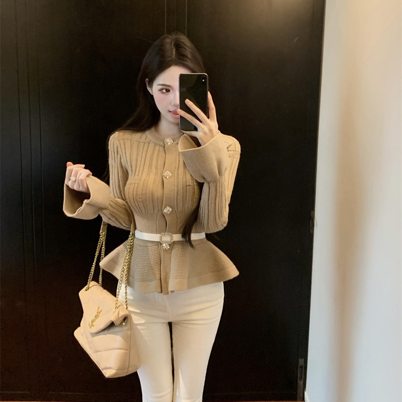 实价实拍 法式小香风高级感修身荷叶边毛衣针织开衫配腰带