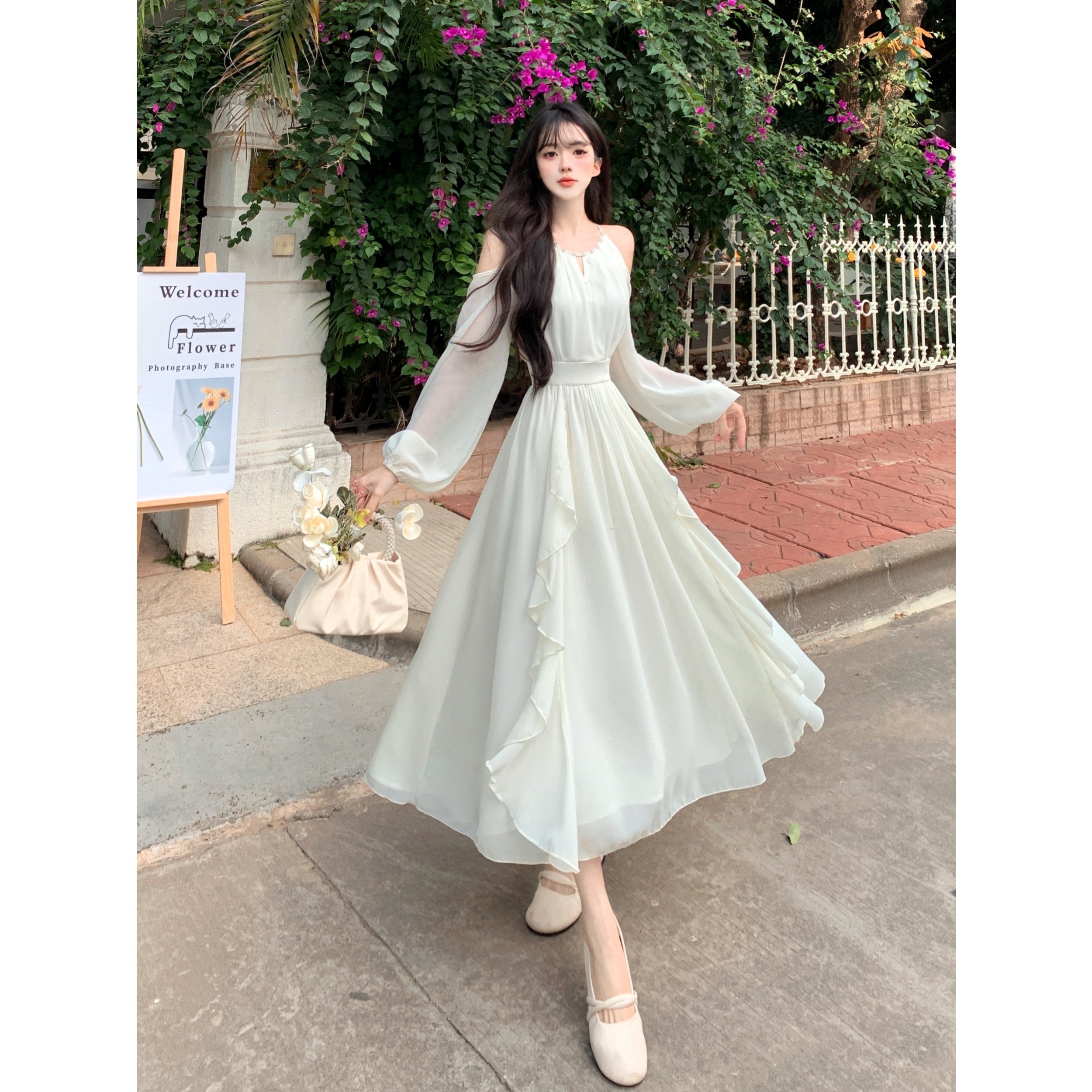 实拍~ 2025早秋新款钉钻显温柔露肩珍珠雪纺荷叶边中长款连衣裙,女装/女士精品,大码连衣裙,淘宝优惠券,粉丝福利购,淘宝优惠卷