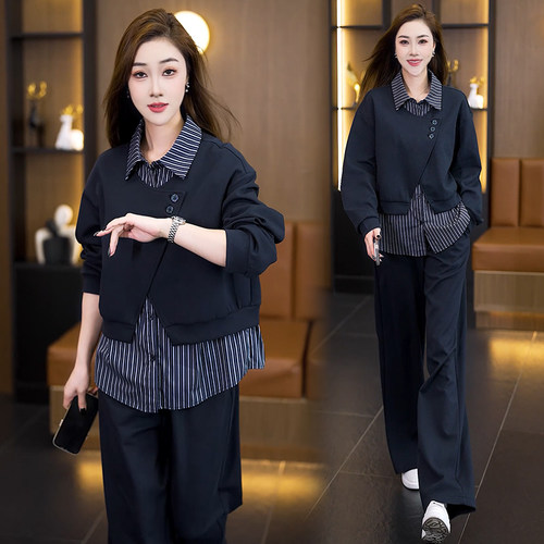 大码200斤欧货条纹衬衫领假两件上衣阔腿裤两件套女休闲套装