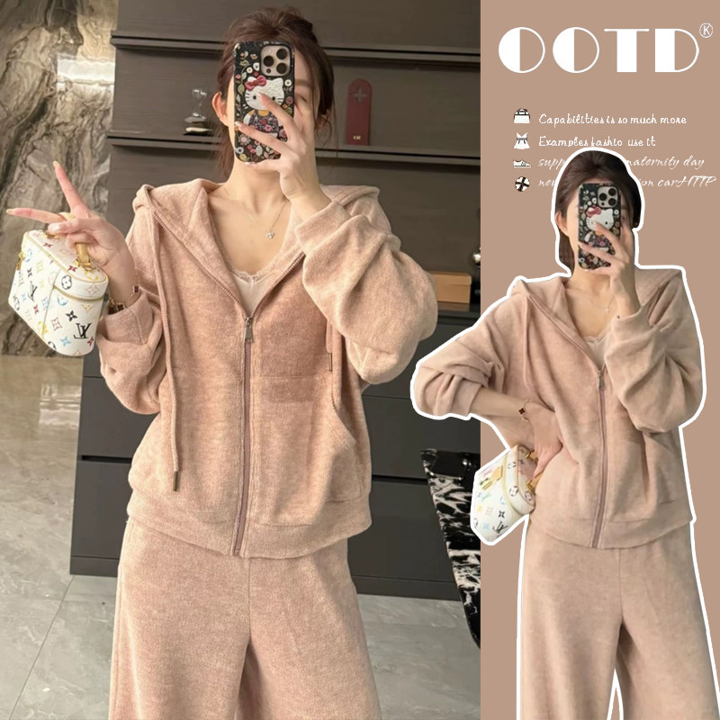 大量现现  冬装新款加绒加厚休闲孕妇套装保暖卫衣长裤宽松两件套