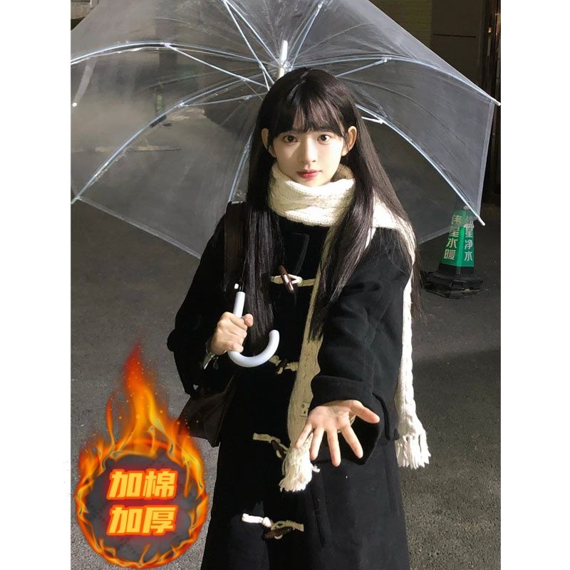 黑色牛角扣毛呢大衣女秋冬季2025新款高级感外套呢子小个子中长款