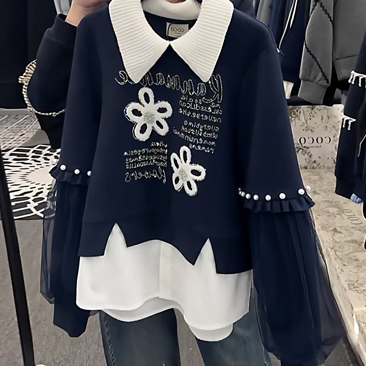 超好看休闲拼接撞色重工花朵假两件长袖卫衣女秋冬新款百搭上衣潮