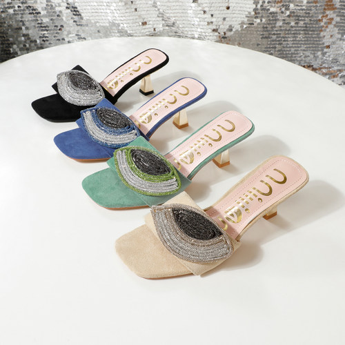 夏季7厘米高跟女拖鞋眼睛大花时尚外穿百搭ladies slippers heels