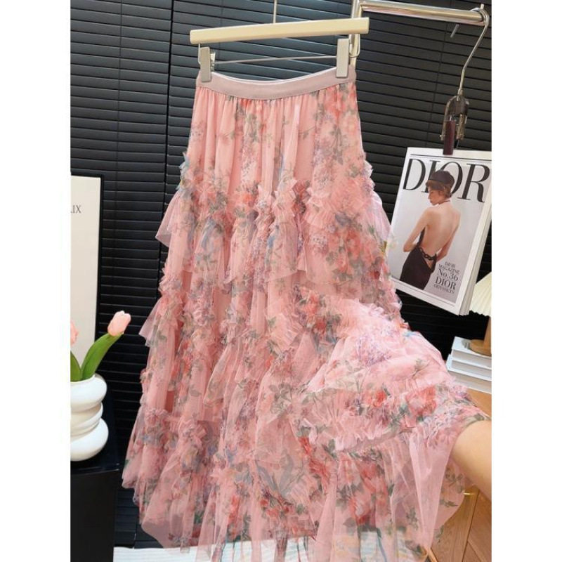 夏天约会女印花色半身裙子a字宽松碎花边蕾丝长款裙装加肥加大款