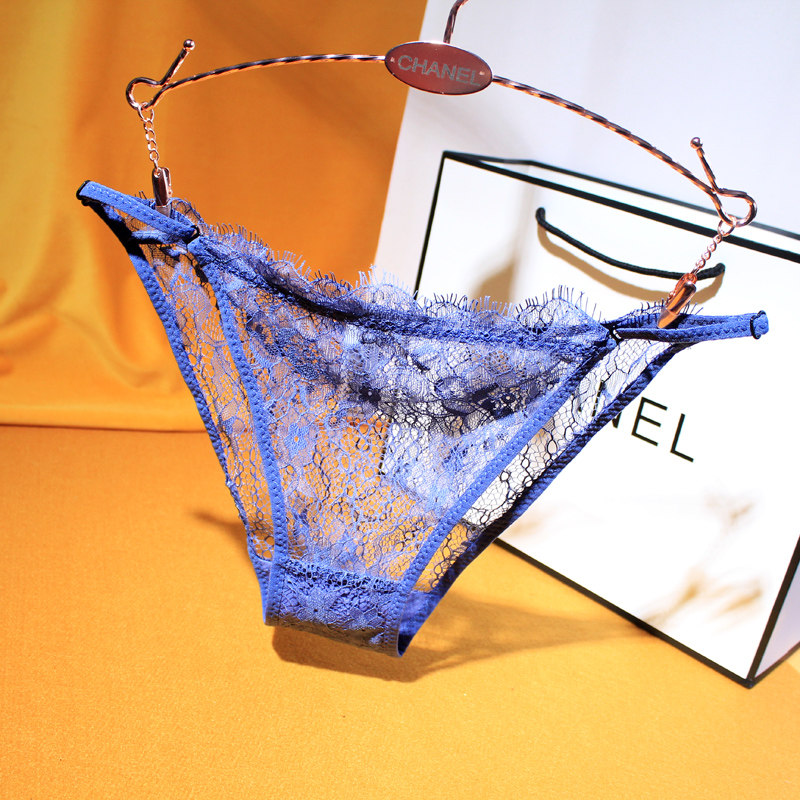 高档▲睫毛▲性感蕾丝内裤女诱惑性惑女装三角裤蓝色透气细带可调