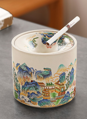 国潮汝窑漏斗式烟灰缸带盖防飞灰家用客厅陶瓷茶渣水盂茶具配件
