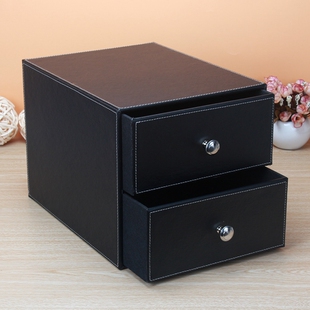 时尚皮革带抽屉式桌面护肤品收纳盒柜木质化妆品整理盒多功能创意