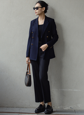 犀利哥之禾原 有质感 蓝色通勤休闲金属扣羊毛西装外套上衣女春秋