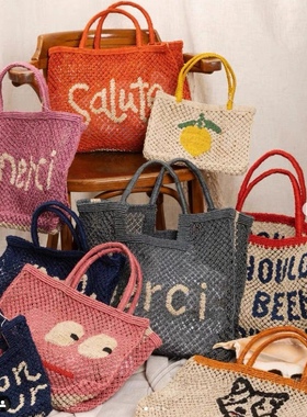 the jacksons黄麻手工编织手提包大容量手提草编包柠檬包字母包